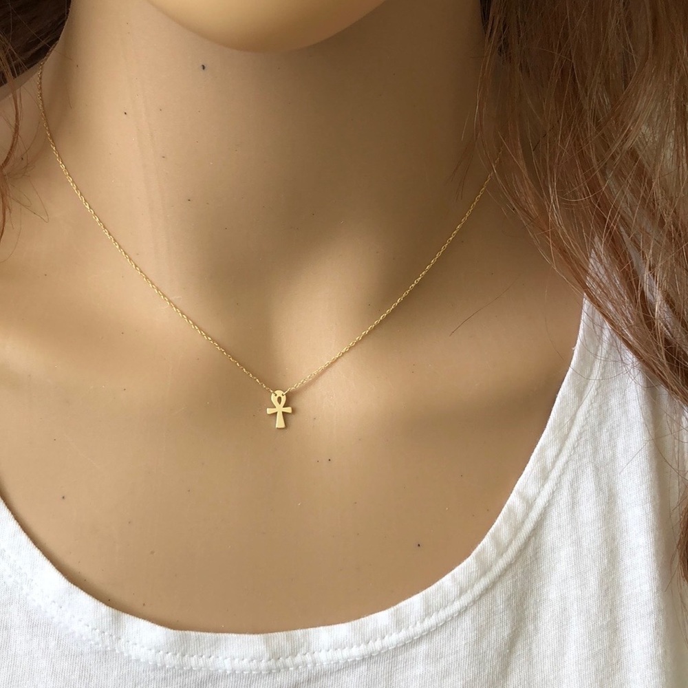 14K Solid Yellow Gold Mini Ankh Cross Dainty Necklace